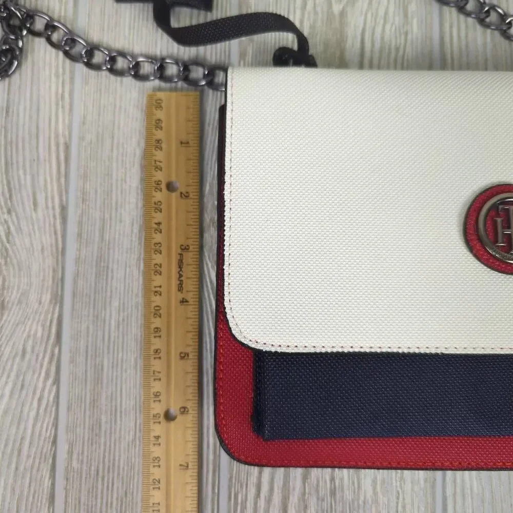 Tommy Hilfiger Classic Colorblock Blue White Red Chain Crossbody Bag Faux Leathe